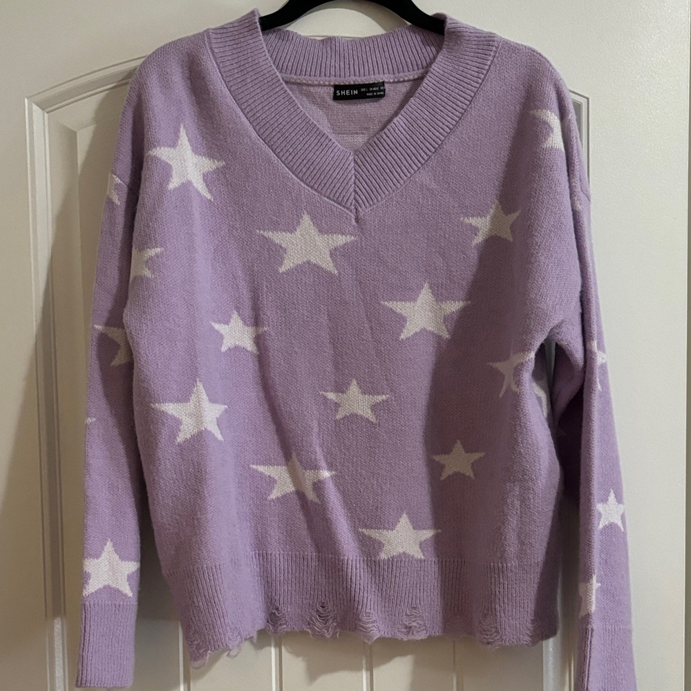 SHEIN Lavender Star V-Neck Sweater